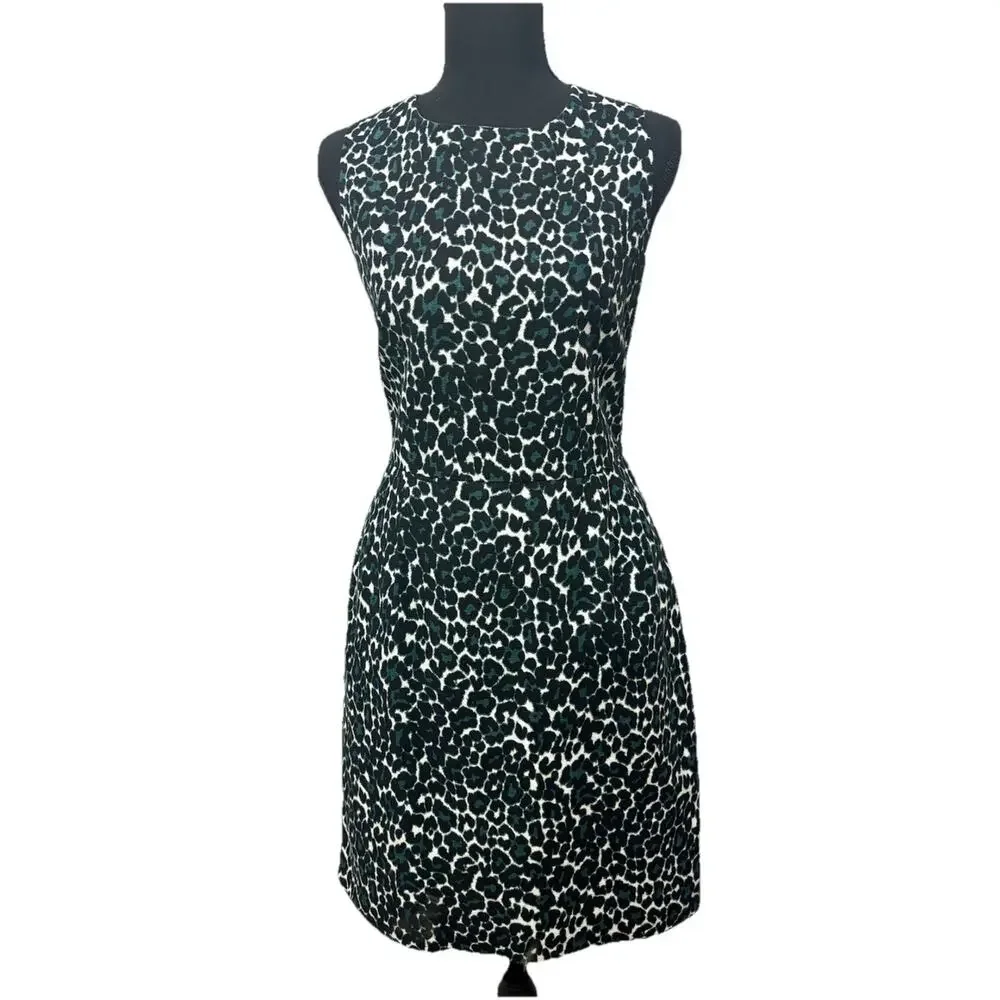 J.Crew Leopard Print Cotton Sheath Dress Size 6 Green Black Sleeveless Lined